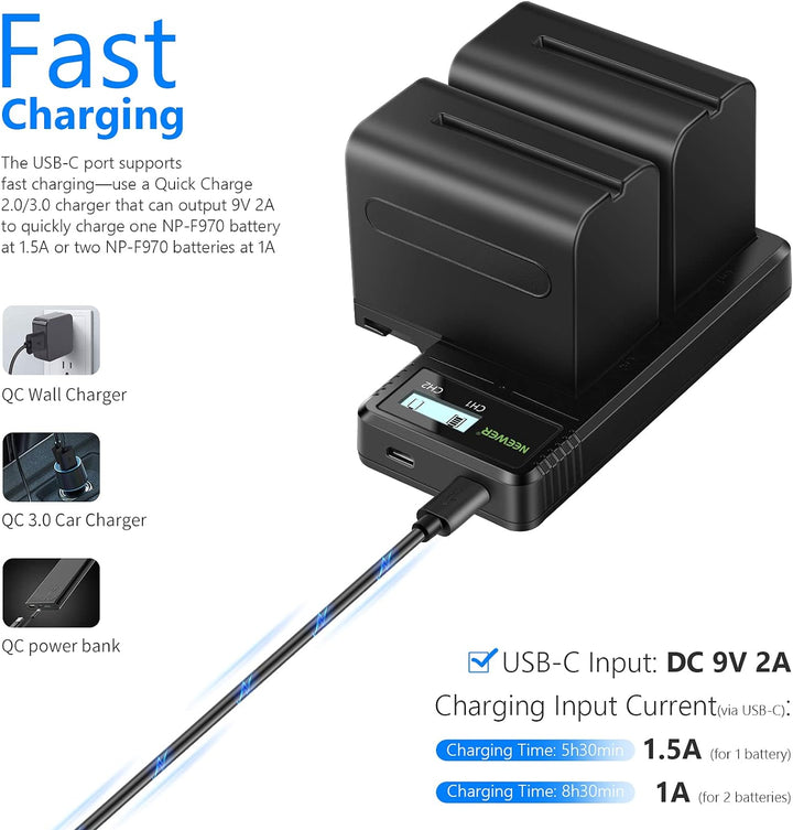 NEEWER Ladegerät Dual USB mit 2Stk 6600mAh Ersatzakkus NP-F970, Schnellladegerät kompatibel mit Sony