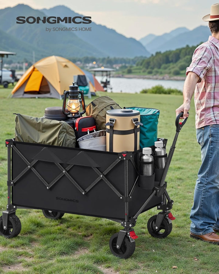 SONGMICS Handwagen faltbar, Bollerwagen, Gartenwagen, Campingwagen mit Griff, 4 abnehmbaren Rollen,