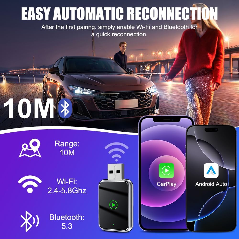 CarPlay & Android Auto Wireless Adapter, 2 in 1 Plug & Play Carplay Wireless Adapter für iOS 10+ und