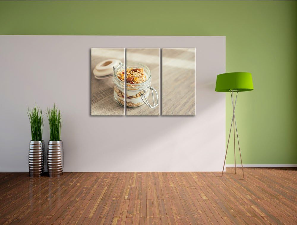 Jogurt Müsli im Glas als 3-Teiler Leinwandbild 120x80 Bild auf Leinwand, XXL riesige Bilder fertig g