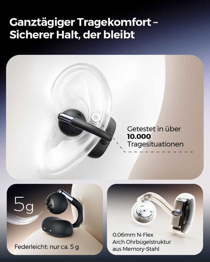 SoundPEATS Clip1 Open Ear Kopfhörer, Hi-Res LDAC Clip On Kopfhörer, 40 Std. Akku Schnellladung, Dolb