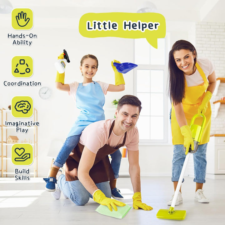 deAO Kinder Putzwagen ab 2 3 4 Jahre mit Wischmop, Eimer, Besen, Staubsauger, Bürsten, Kehrschaufel,