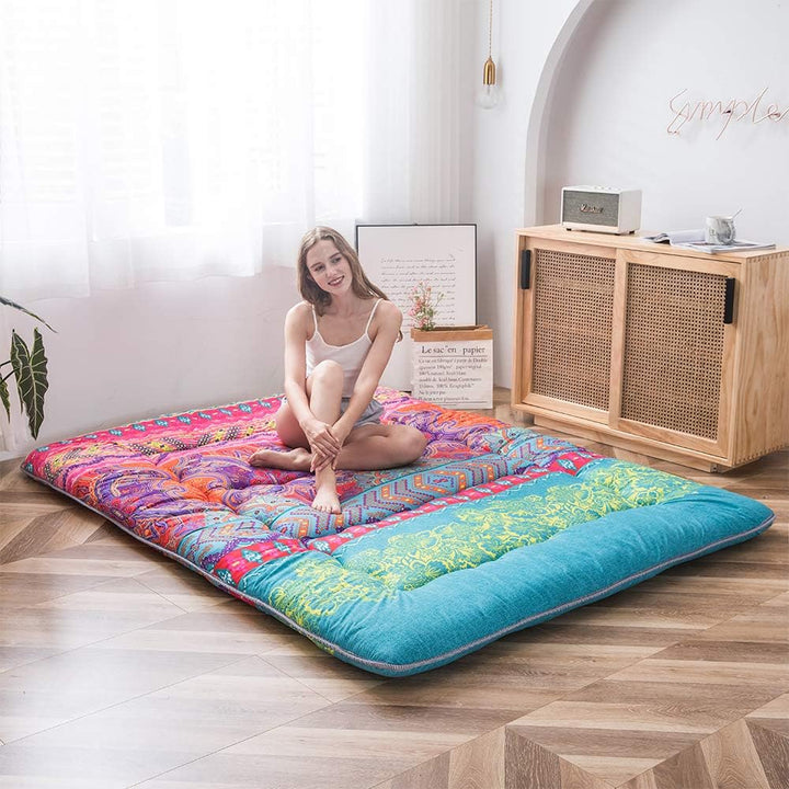MAXYOYO Böhmische Retro Futon Matratze - Vintage Blumenmuster japanische Bodenmatratze - rollbar ver