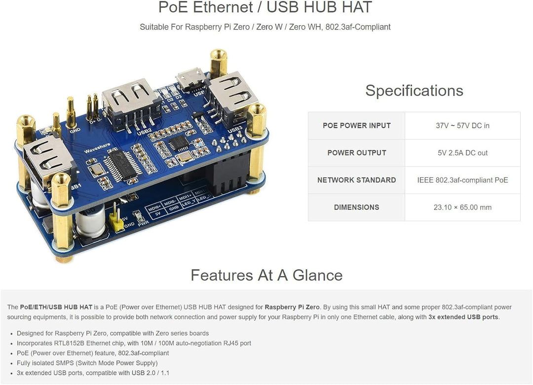 Waveshare PoE Ethernet/USB HUB HAT for Raspberry Pi Zero/Zero W/Zero WH 3X USB 2.0 Ports 802.3af-Com