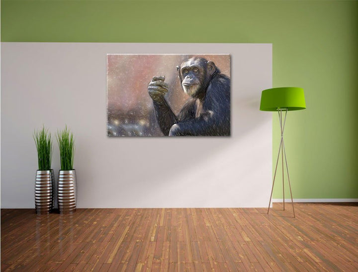 Pixxprint Aufmerksamer Schimpanse / 100x70cm Leinwandbild bespannt auf Holzrahmen/Wandbild Kunstdruc