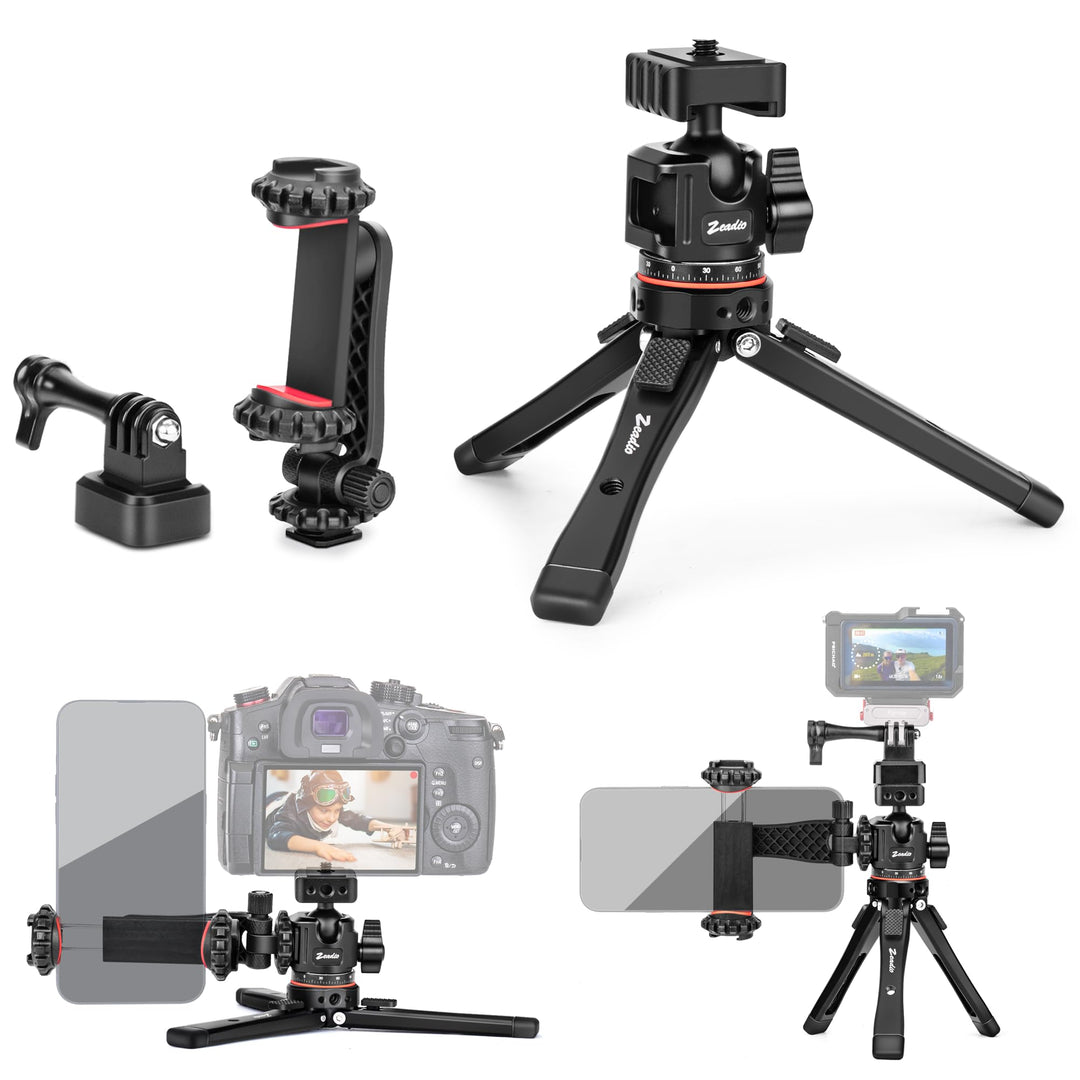 Zeadio Robustes Stativ-Set, 1/4" Adapter Stativgewinde, mit Handyhalter und Action-Cam-Adapter für i