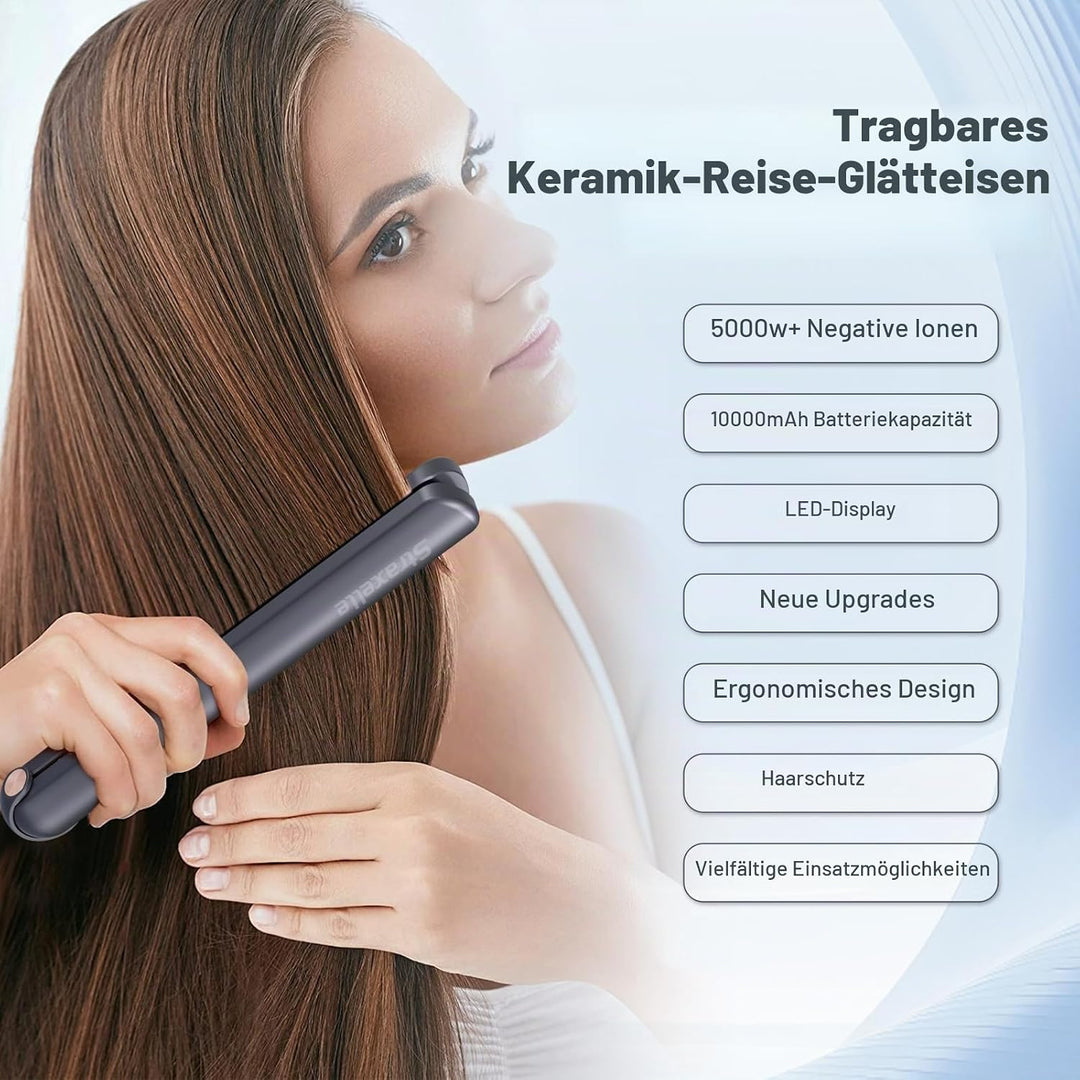 2 in 1 Glätteisen Locken und Glätten, 160°C-220°C Reise Glätteisen Kabellos 10000mAh Akku Haarglätte