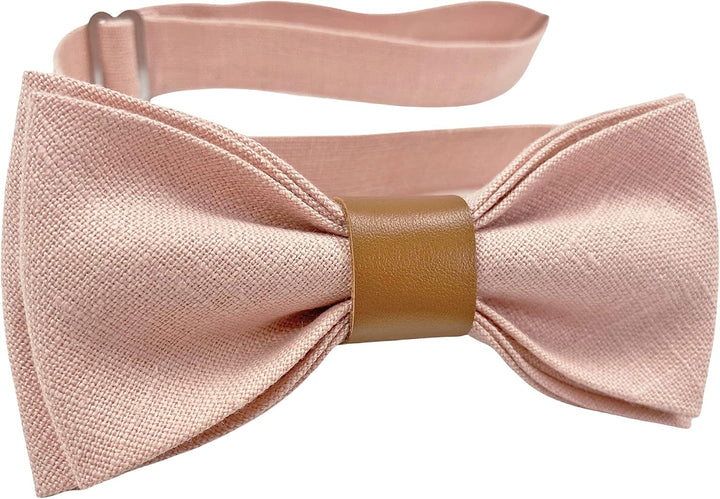LINILI Leinen Accessoires SET: Fliege und Einstecktuch für Herren- Fliege mit Leder, bereits gebunde