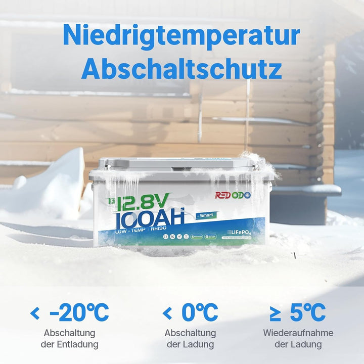 Redodo 12V 100Ah Bluetooth LiFePO4 Batterie, 188mm Höhe Tiefzyklus Lithium Batterie mit Smart BMS 12