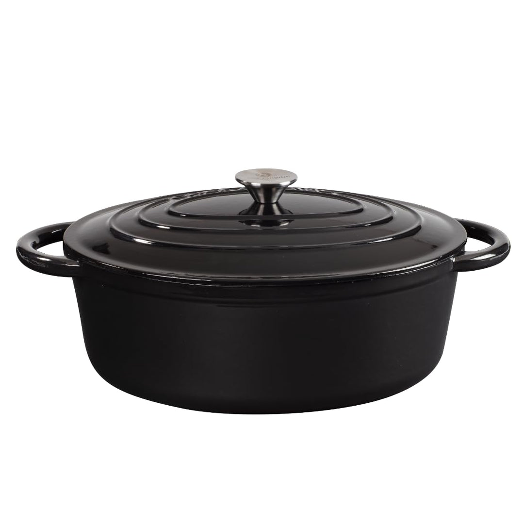 CHEF CUISINE Bräter Gusseisen mit Deckel, Oval gross 6,7 L, Induktion, Schwarz, hitzebeständig bis 3