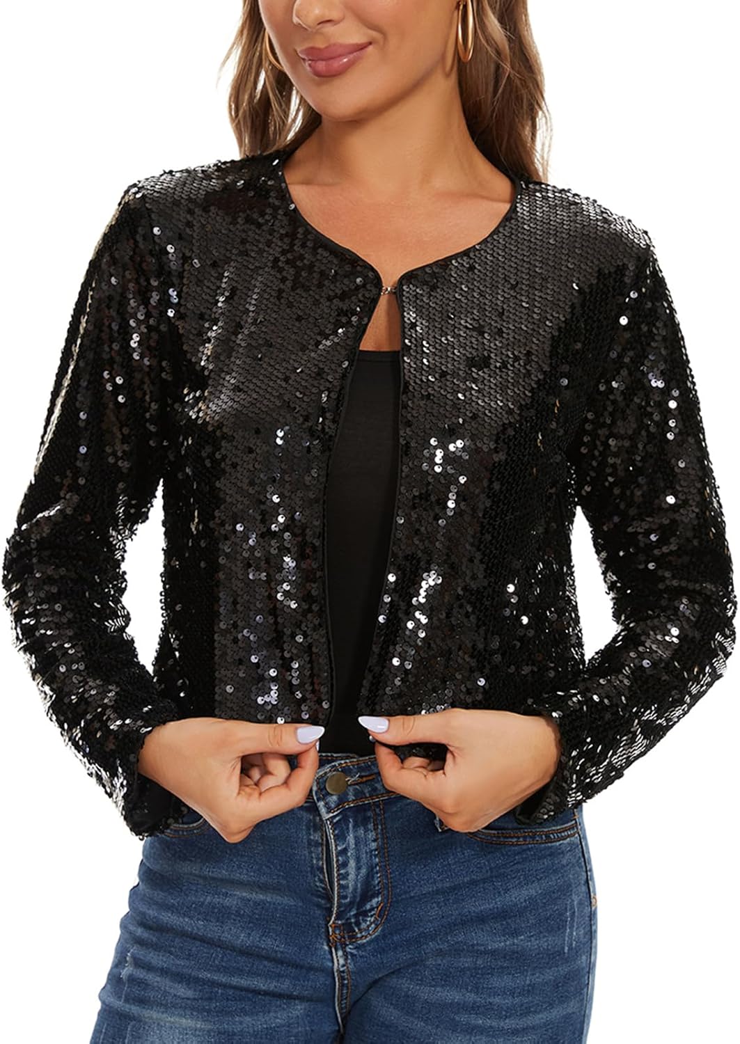 MINTLIMIT Damen Pailletten Strickjacke Kurz Offene Cardigan Langarm Bolero Dünne Elegant Hakenversch