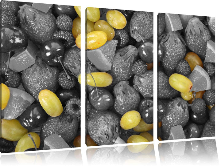 Bunter Obstmix mit Weintrauben schwarz/weiss 3-Teiler Leinwandbild 120x80 Bild auf Leinwand, XXL rie