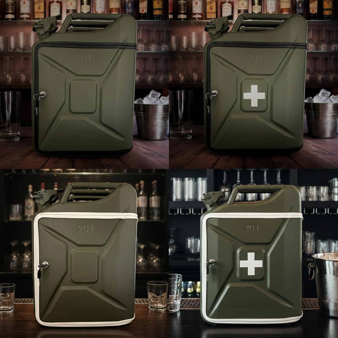20L Kanister Mini Bar Premium I Maximal personalisierbar mit Gravur & LED Beleuchtung I 2 Whiskygläs