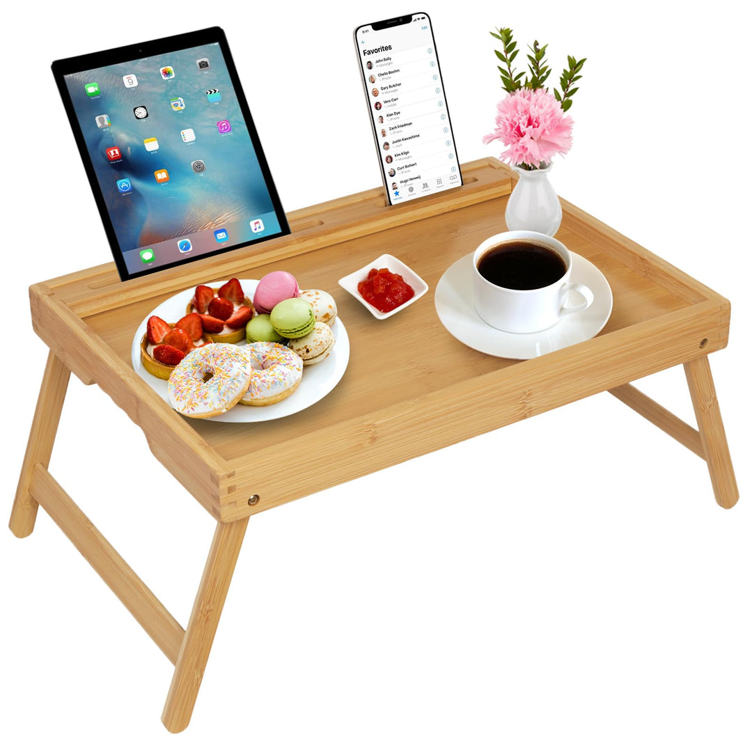 Betttablett mit Griffen, klappbaren Beinen, Bambus, Frühstückstablett mit Handy- und Tablet-Halter,