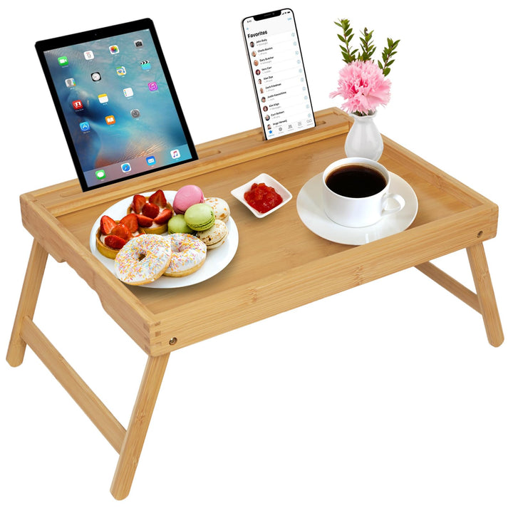Betttablett mit Griffen, klappbaren Beinen, Bambus, Frühstückstablett mit Handy- und Tablet-Halter,