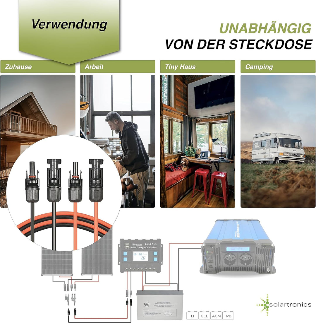 Verlängerungskabel beidseitig Solarstecker Solarkabel rot/schwarz 4mm² inkl. Stecker, Made in German