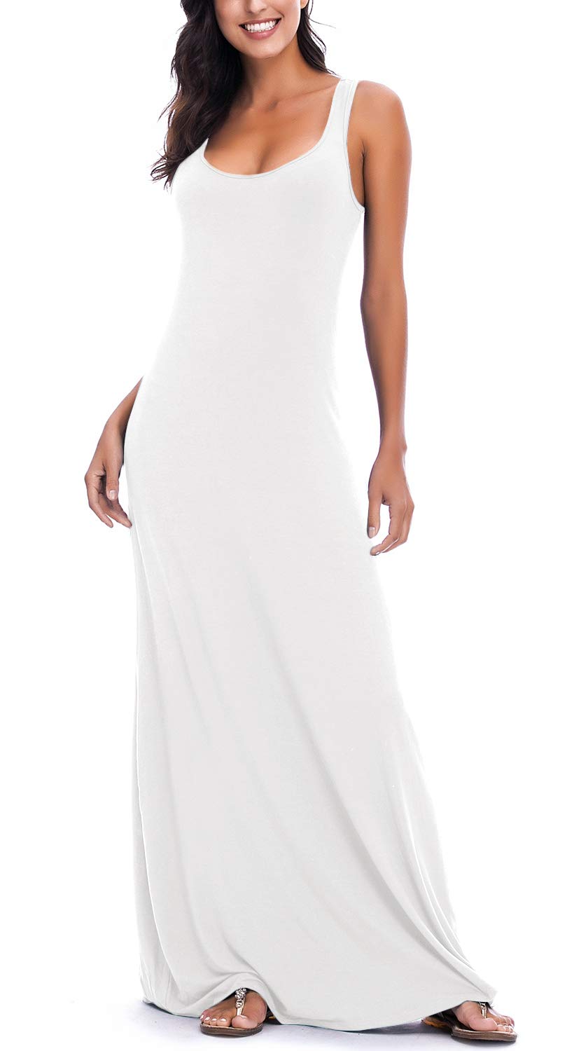 EXCHIC Damen Sommer Leichte Ärmellos Strand Maxi Kleid Elegant Elastisch Tunika Lang Kleider S Weiss