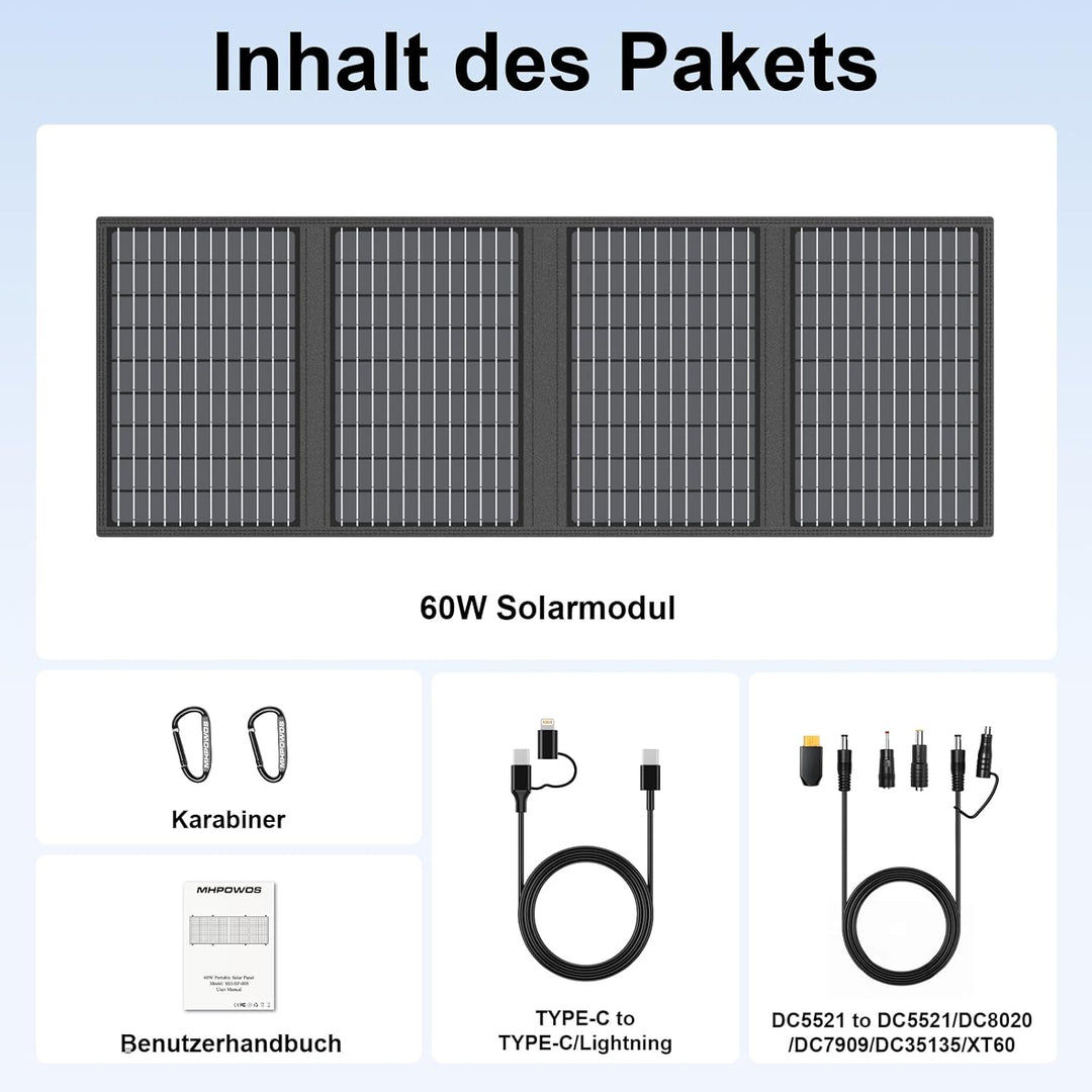 60W Tragbares Solarladegerät mit Ständer, Faltbares Solarpanel mit USB-C, USB-A und DC-Ausgängen, fü
