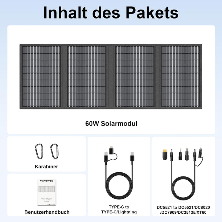 60W Tragbares Solarladegerät mit Ständer, Faltbares Solarpanel mit USB-C, USB-A und DC-Ausgängen, fü
