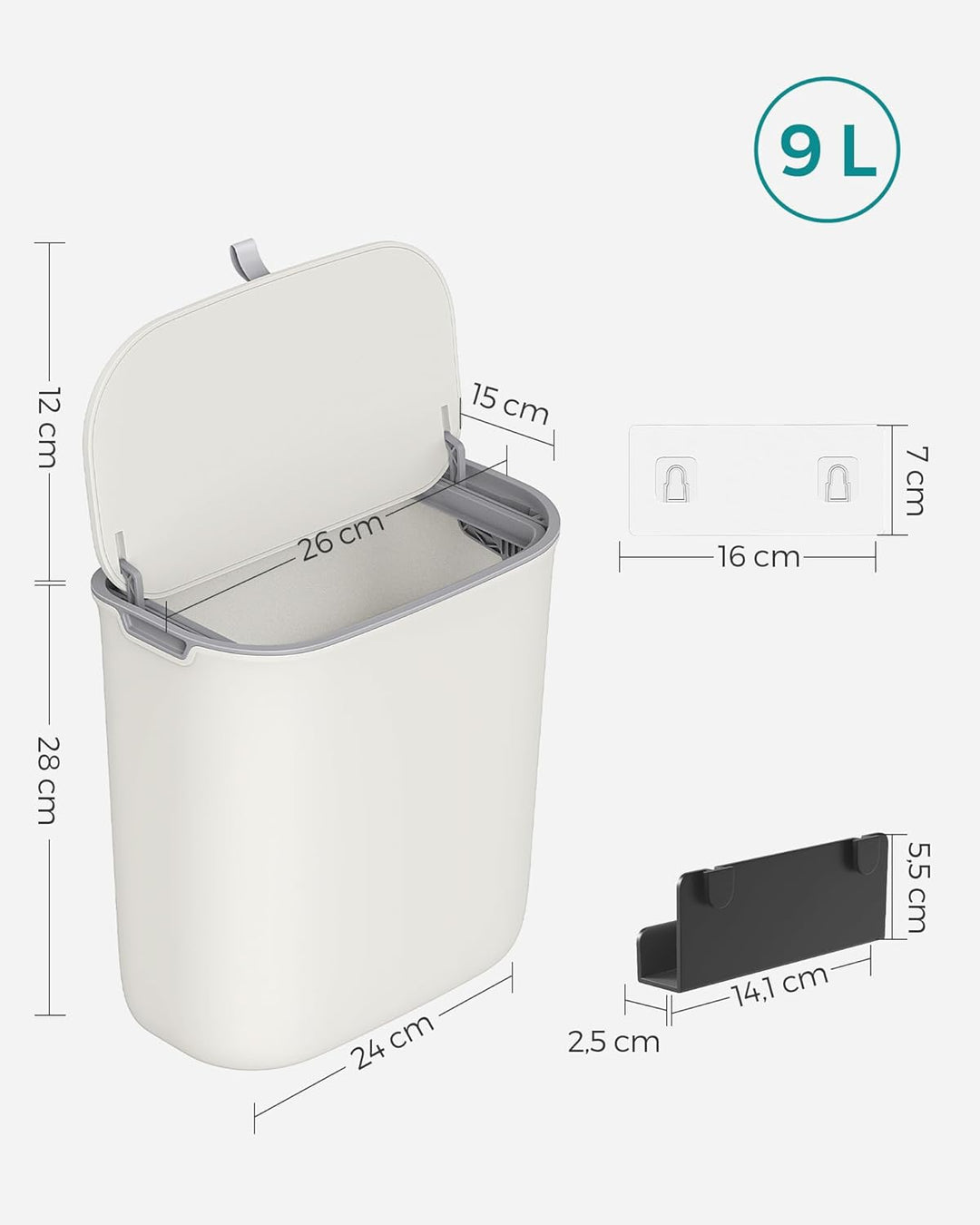 SONGMICS LTB820W9 Abfalleimer zum Aufhängen, 9 l, Küchenabfalleimer, mit Deckel für Lebensmittelabfä