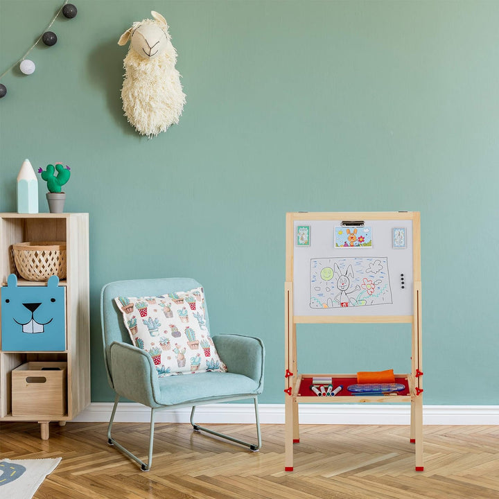 Relaxdays Standtafel Kinder, Whiteboard und Kreidetafel, höhenverstellbar, Aufsteller Holz, 102-135
