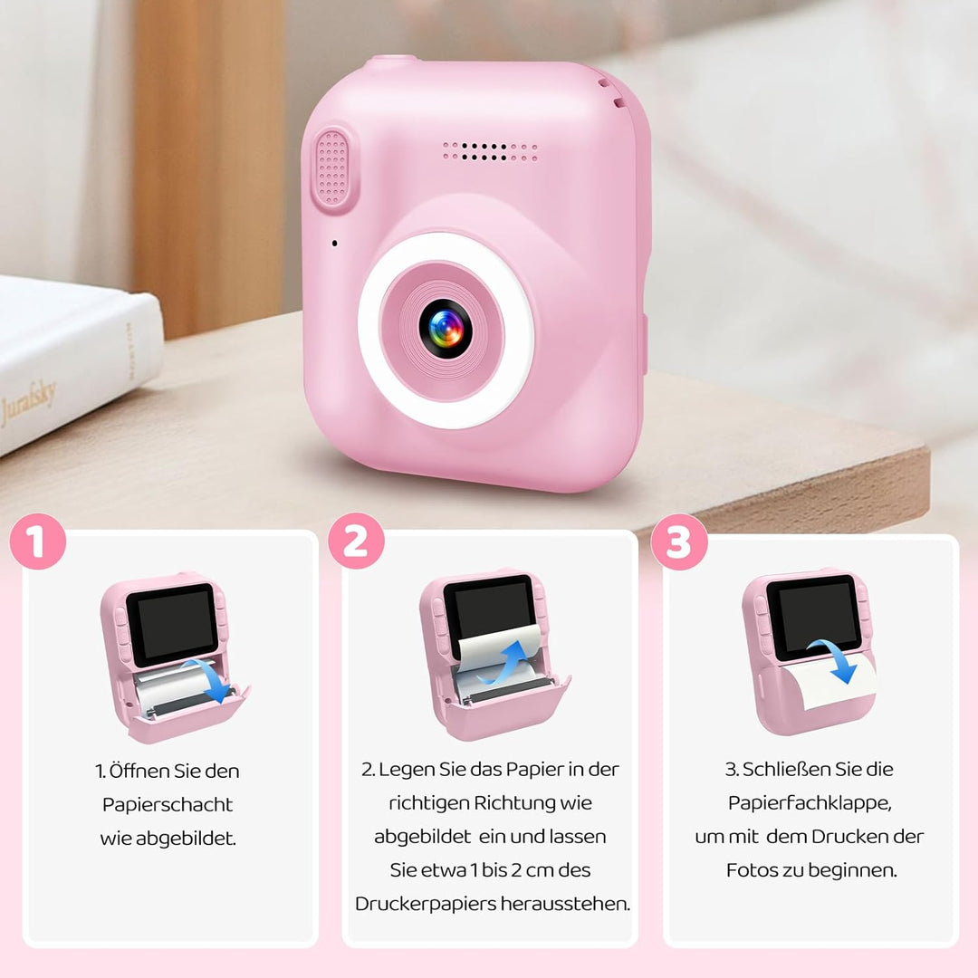 Kinderkamera Sofortbildkamera, 1080P Sofortbildkamera Kinder mit 32GB Karte & 3 Rollen Druckpapier,