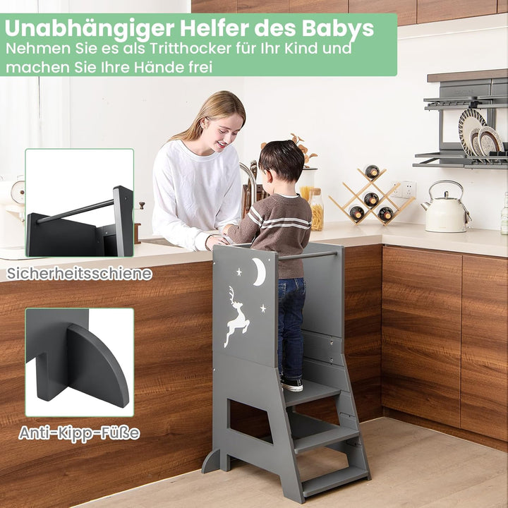 COSTWAY Lernturm kinder, 2 in 1 Tritthocker montessori mit 3 verstellbare Höhen & doppelseitiger Taf