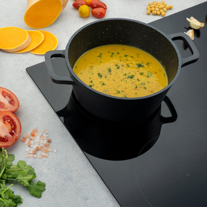 Commichef Runde Kasserolle, Auflaufform, Schwarz, Aluminiumguss, Mit Deckel, 24cm Durchmesser, 5 Lit