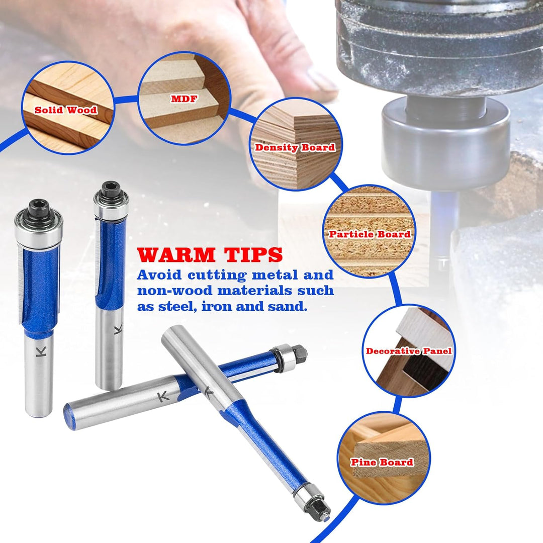 NICAVKIT 4 Stück Bündigfräser 8mm Schaft,Blauer Bündigfräser Fräser Set, Doppelseitiger Fräser mit L