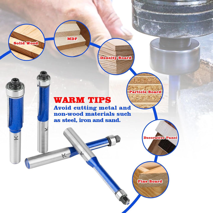 NICAVKIT 4 Stück Bündigfräser 8mm Schaft,Blauer Bündigfräser Fräser Set, Doppelseitiger Fräser mit L