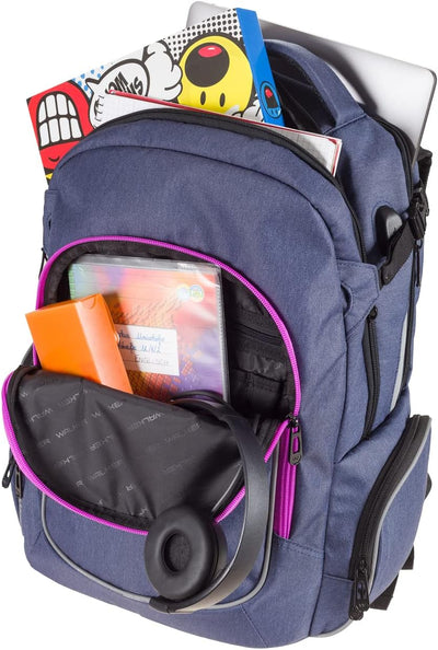 Walker 42117-267 - Rucksack Campus Evo Blue-Ivy-Pink mit 3 Fächern, Laptop-Fach, Seitentaschen, Rück