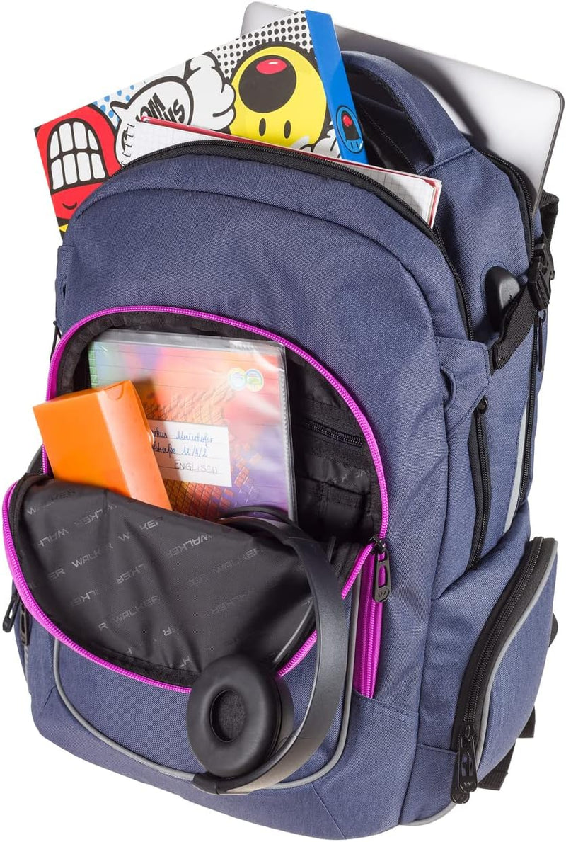 Walker 42117-267 - Rucksack Campus Evo Blue-Ivy-Pink mit 3 Fächern, Laptop-Fach, Seitentaschen, Rück