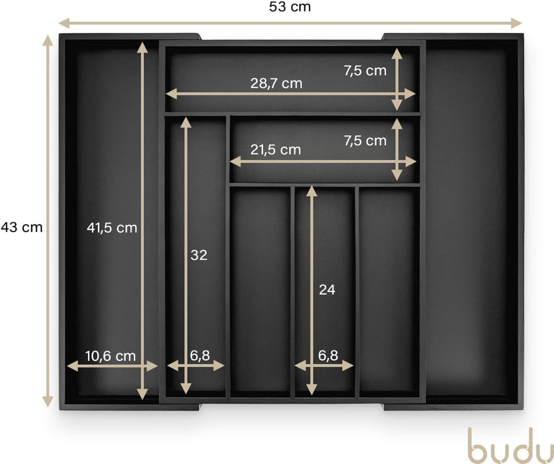 budu Besteckkasten #43 (Tiefe 43cm) aus Bambus - Schwarz - Schubladen Ordnungssystem für die Küche -