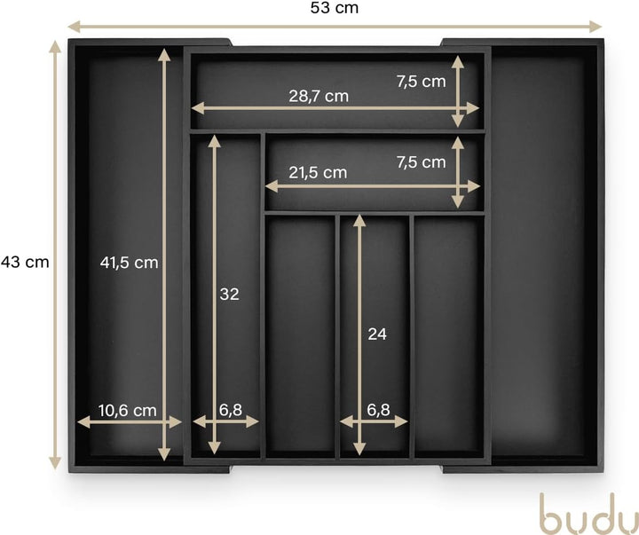 budu Besteckkasten #43 (Tiefe 43cm) aus Bambus - Schwarz - Schubladen Ordnungssystem für die Küche -