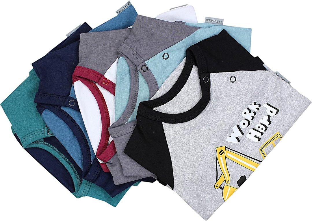 TupTam Jungen Baby Body Langarm Unifarben 5er Pack 56 Bagger Monster Tuck Dino Grau Blau Grün, 56 Ba