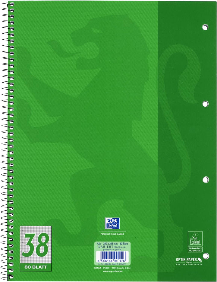 Oxford Linkshänder-Collegeblock A4 kariert, 80 Blatt, grün, 10 Stück Organiserbook Lineatur 38 -kari