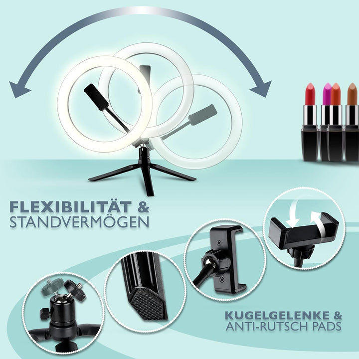 Ringleuchte Dimmbar – 10 Zoll Ringlicht mit Stativ & Bluetooth Selbstauslöser – 10 Helligkeitsstufen