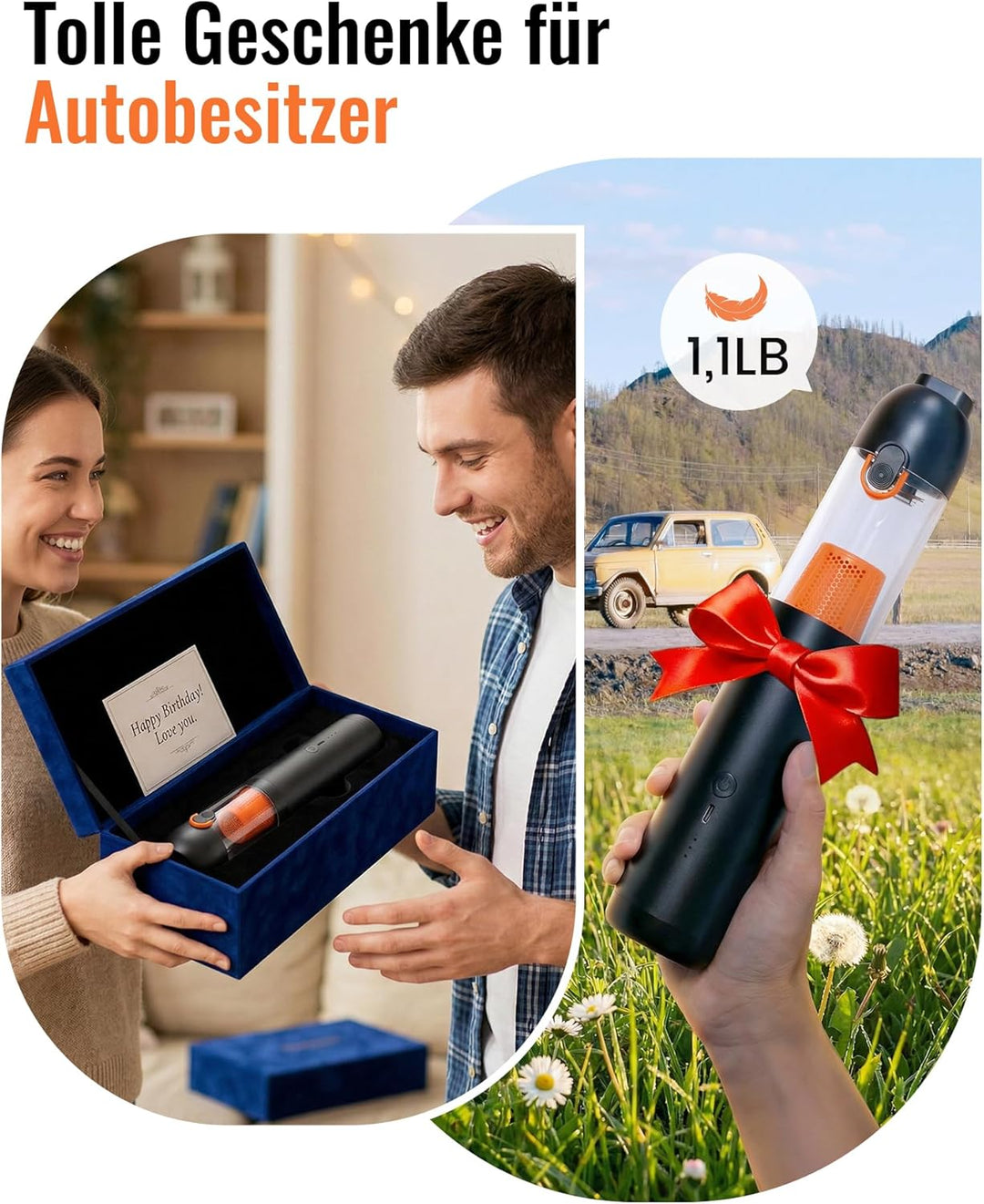 Handstaubsauger Akku, 4-in-1 Tragbarer Mini Kabelloser Auto Staubsauger mit 19.000 Pa Saugkraft, Lei