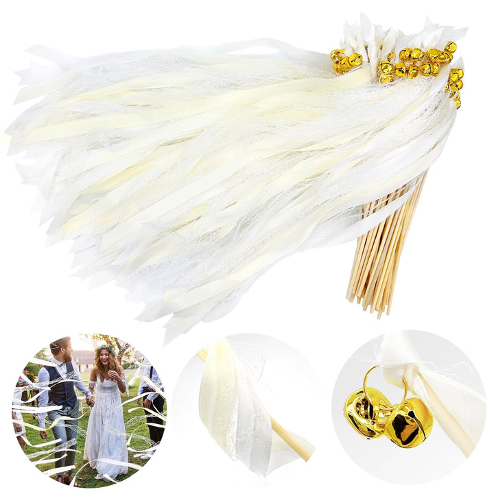 Wedding Wands,50 Stück Stäbe mit 100 Gross Glöckchen und 150 Hochzeitsbändern,Seidenfeenstab,Gastges