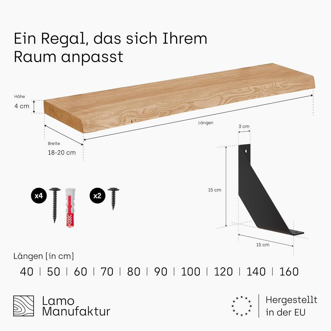 LAMO Manufaktur Wandregal Holz Baumkante | Regal Farbe: Nussbaum | mit schwarzem Vintage Regalträger