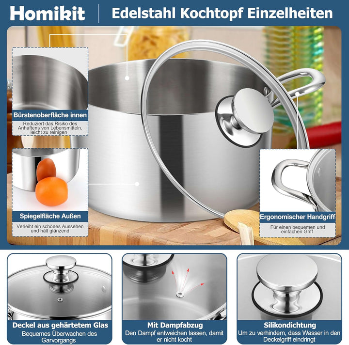 Homikit Kochtopf 22cm, 3-Lagen Suppentopf Induktion mit Glasdeckel, 4,7L Edelstahl Kochtöpfe Nudelto