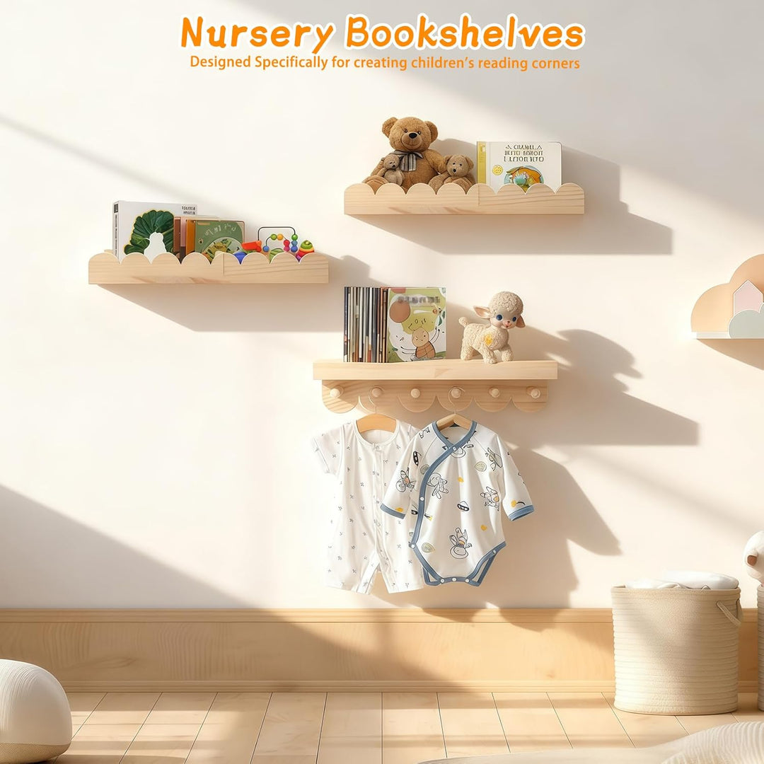Wandregal Holz Kinderzimmer, 3PCS Bücherregal Kinder Wand mit Holzhaken,Schweberegal ideal für Büche
