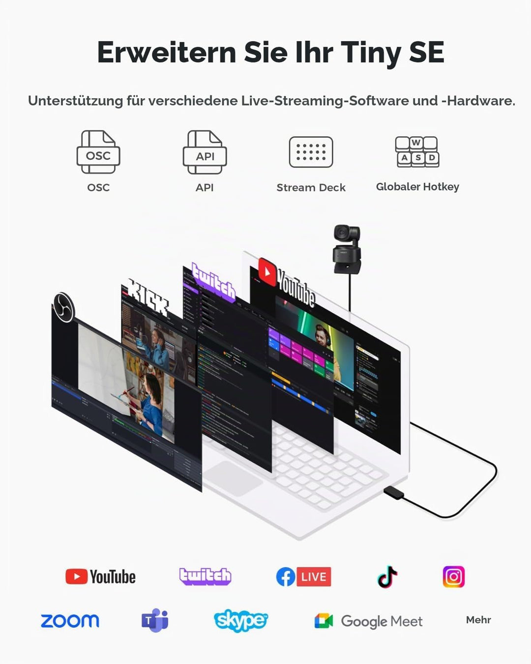 OBSBOT Tiny SE Webcam für PC, Full HD 1080P 100FPS USB-Webcam mit AI-Tracking, Mikrofon, Stativ, ges