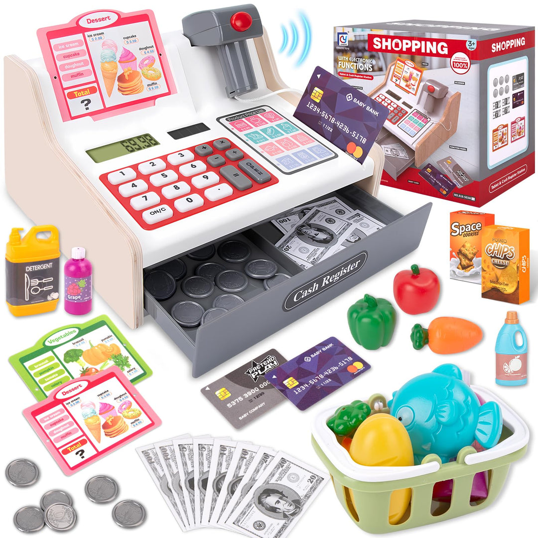 JONRRYIN Holz Kasse Kinder Spielzeug, Spielkasse Kinderkasse mit Scanner & Sound, Spielgeld Einkaufs