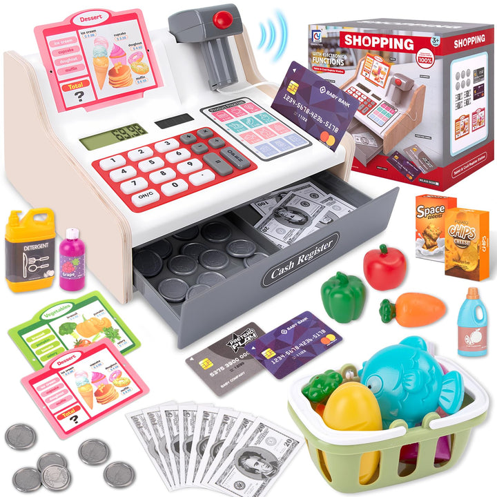 JONRRYIN Holz Kasse Kinder Spielzeug, Spielkasse Kinderkasse mit Scanner & Sound, Spielgeld Einkaufs
