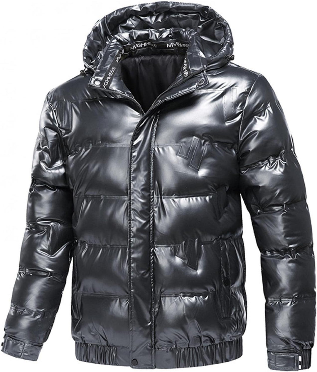 Daunenjacke Herren Glänzend Winterjacke Dicke Übergangsjacke mit Kapuze Lange Ärmel Mode Warm Outdoo