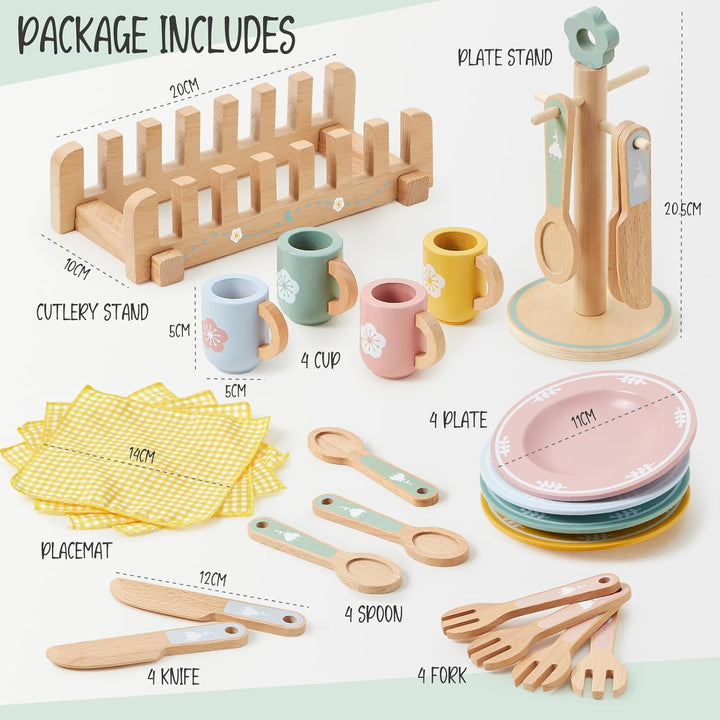 Atoylink Kinderküche Zubehör Holz Geschirr Teeservice Kinder, Geschirrset mit Tassen Teller, Spielkü