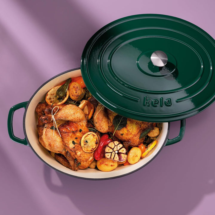 kela Bräter Gusseisen oval 6 Liter, Dutch Oven CALIDO, Induktion Gussbräter mit Deckel, Gusseisen To