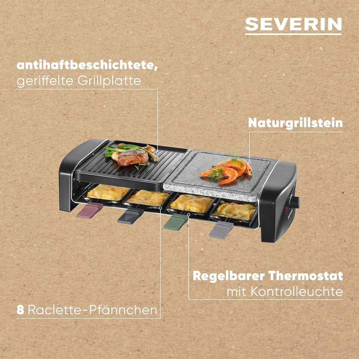 SEVERIN Raclette-Grill mit Naturgrillstein und Gussplatt, ca. 1.400 W, Inkl. 8 Pfännchen, RG
