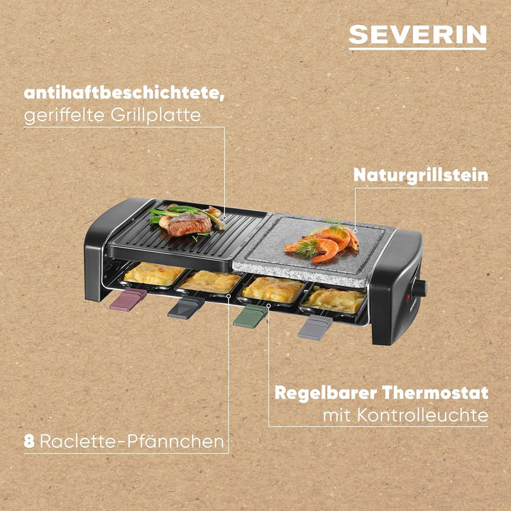 SEVERIN Raclette-Grill mit Naturgrillstein und Gussplatt, ca. 1.400 W, Inkl. 8 Pfännchen, RG